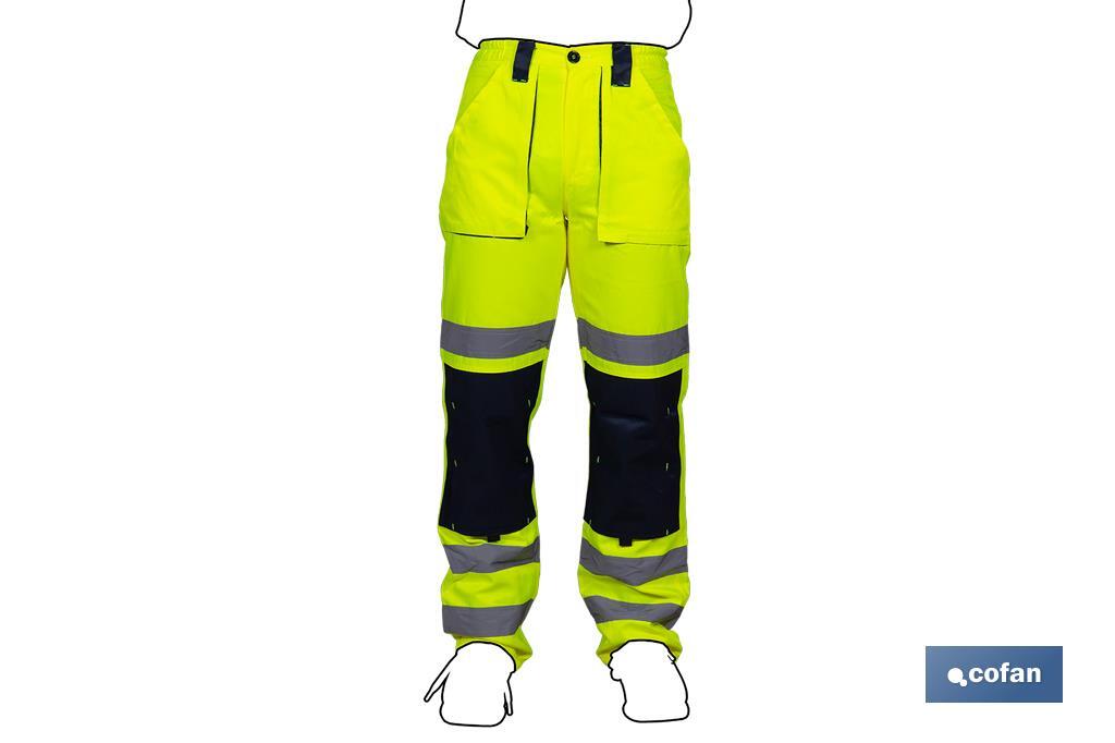 PANTALÓN DE ALTA VISIBILIDAD MODELO SIRIO AMARILLO Y AZUL MARINO TALLA L