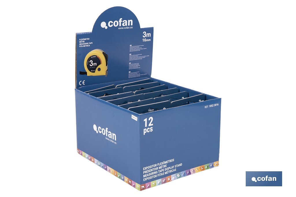 Expositores de flexómetros con bloqueo de hoja Cofan | Flexómetros incluidos | Disponible en diferentes medidas y capacidades